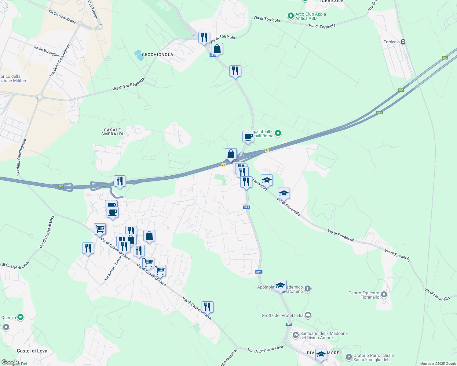 map of restaurants, bars, coffee shops, grocery stores, and more near Via Giovan Domenico Nardo in Roma