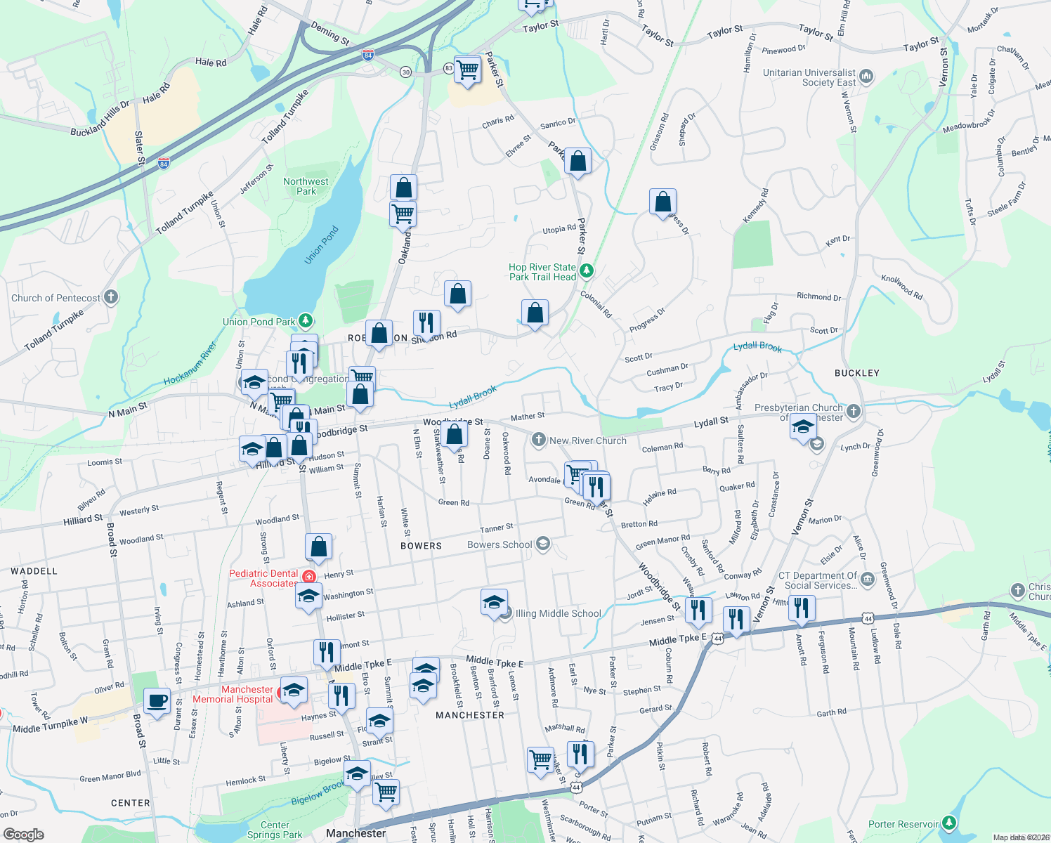 map of restaurants, bars, coffee shops, grocery stores, and more near 44 Mather Street in Manchester
