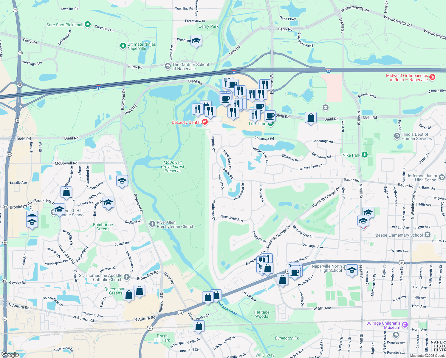 map of restaurants, bars, coffee shops, grocery stores, and more near 1482 Inverrary Drive in Naperville