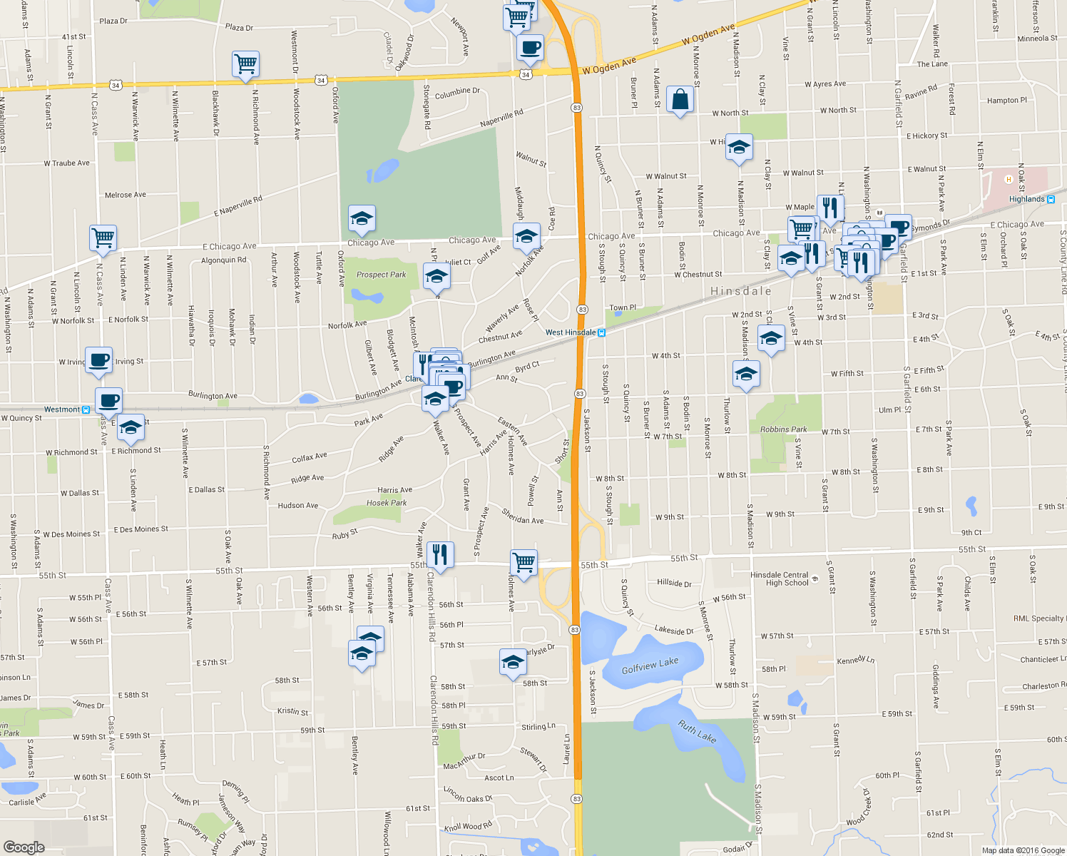 map of restaurants, bars, coffee shops, grocery stores, and more near 61 Harris Avenue in Clarendon Hills