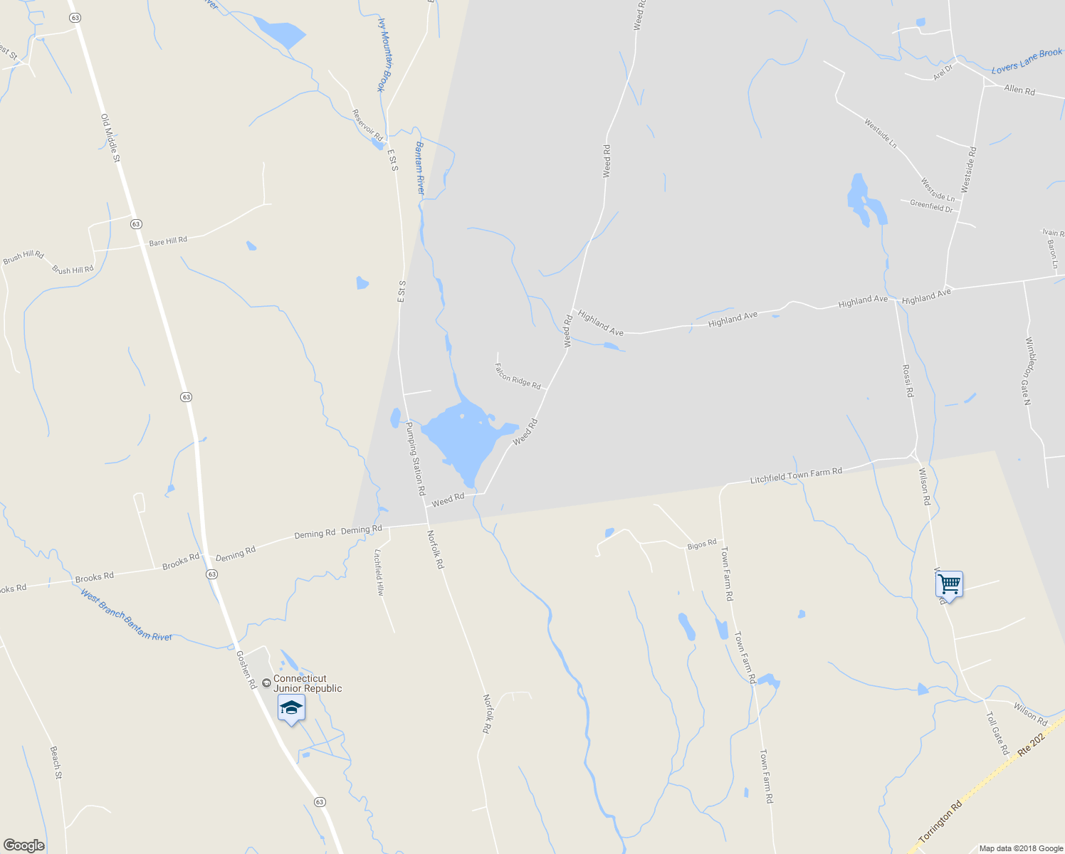 map of restaurants, bars, coffee shops, grocery stores, and more near 4 Falcon Ridge Road in Torrington