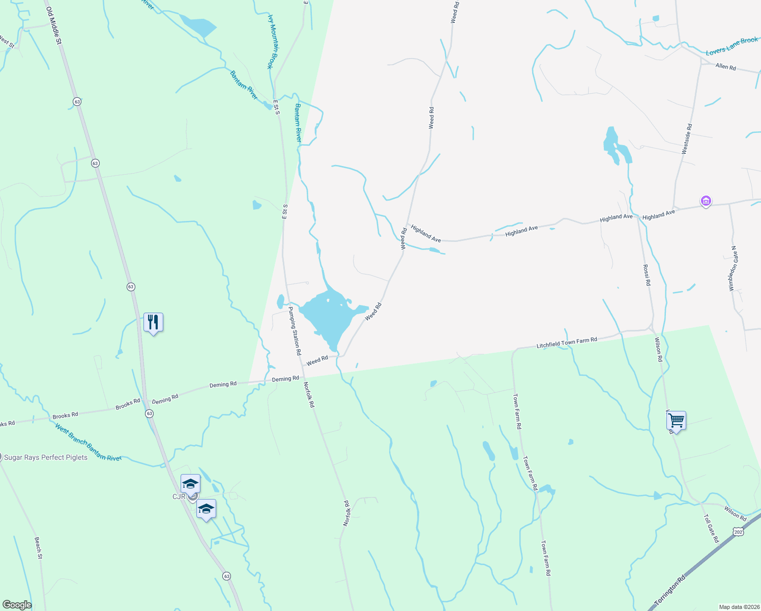 map of restaurants, bars, coffee shops, grocery stores, and more near 4 Falcon Ridge Road in Torrington