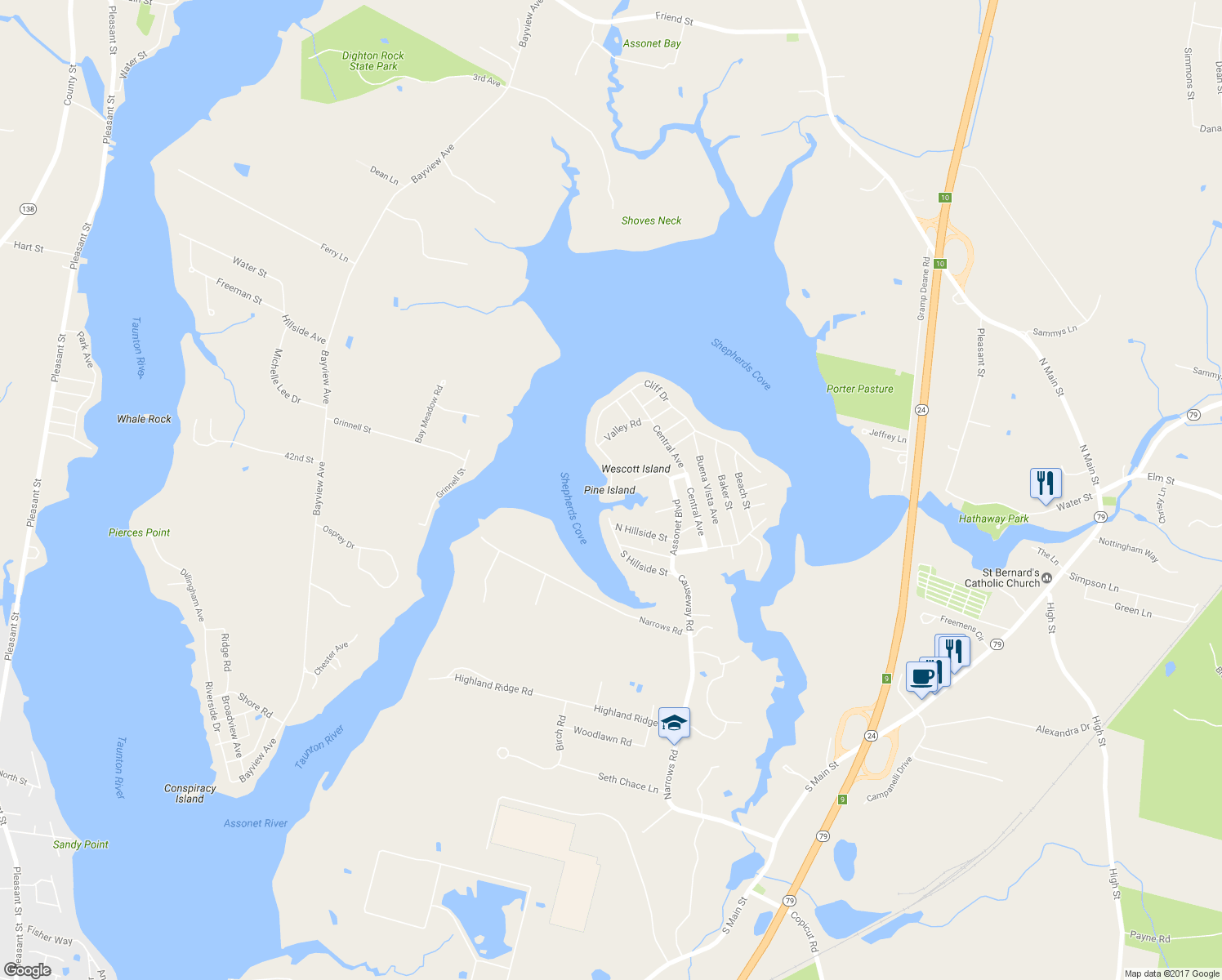 map of restaurants, bars, coffee shops, grocery stores, and more near 83 Cliff Drive in Freetown