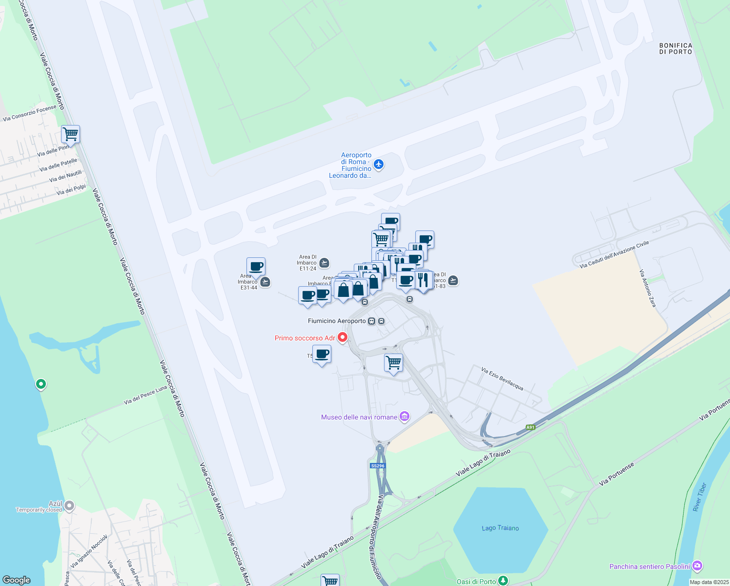 map of restaurants, bars, coffee shops, grocery stores, and more near in Fiumicino