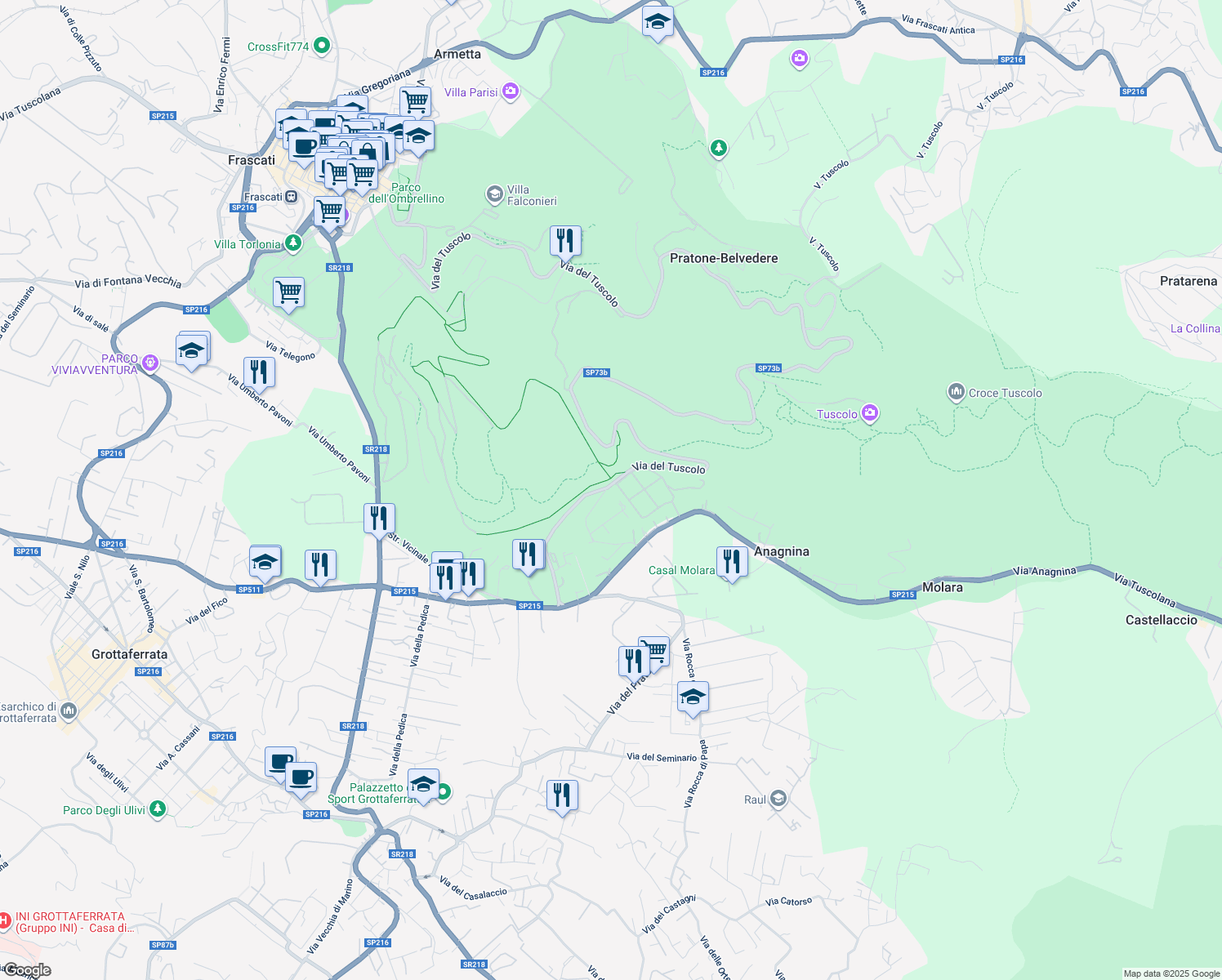 map of restaurants, bars, coffee shops, grocery stores, and more near 23 Via del Tuscolo in Grottaferrata