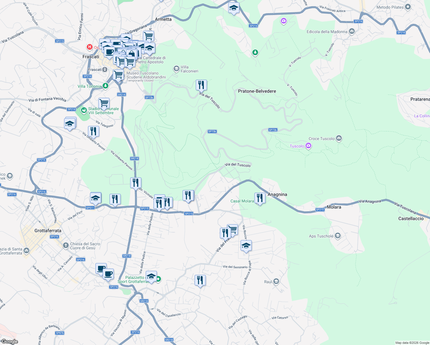 map of restaurants, bars, coffee shops, grocery stores, and more near 23 Via del Tuscolo in Grottaferrata