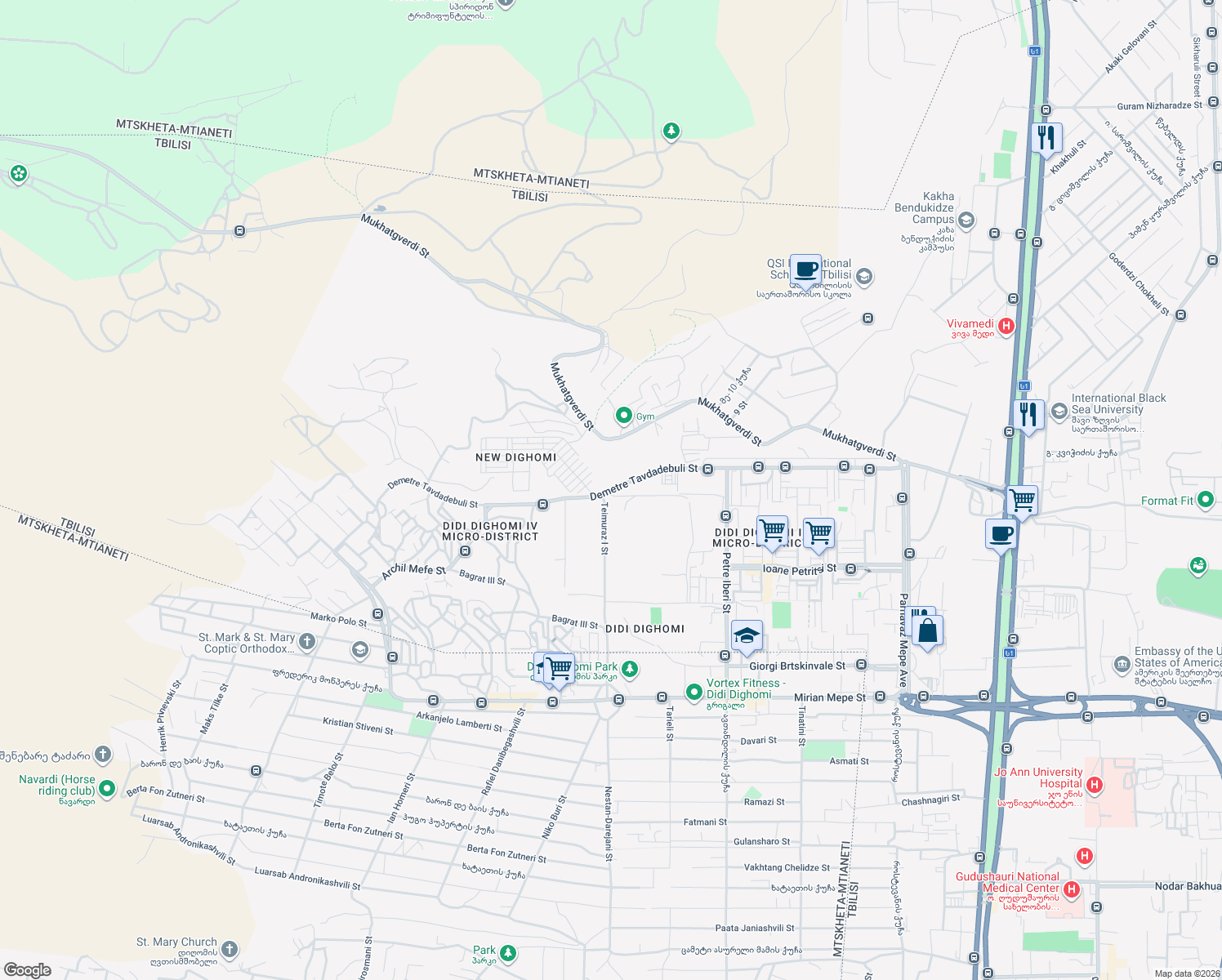 map of restaurants, bars, coffee shops, grocery stores, and more near Demetre Tavdadebuli Street in Tbilisi