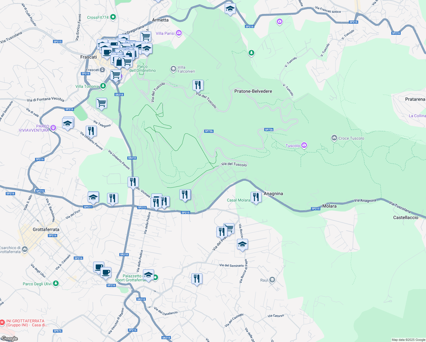 map of restaurants, bars, coffee shops, grocery stores, and more near 23 Via del Tuscolo in Grottaferrata