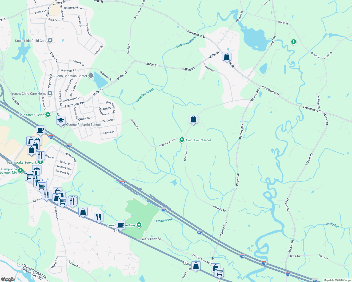 map of restaurants, bars, coffee shops, grocery stores, and more near 465 North Wheaton Avenue in Seekonk