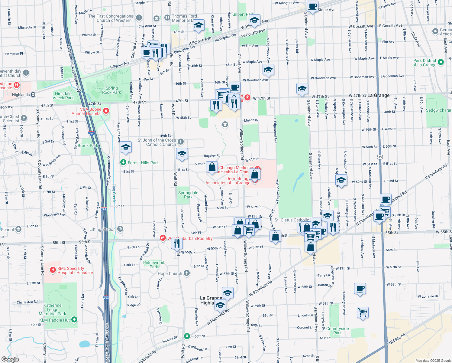map of restaurants, bars, coffee shops, grocery stores, and more near 204 Dierks Drive in Western Springs