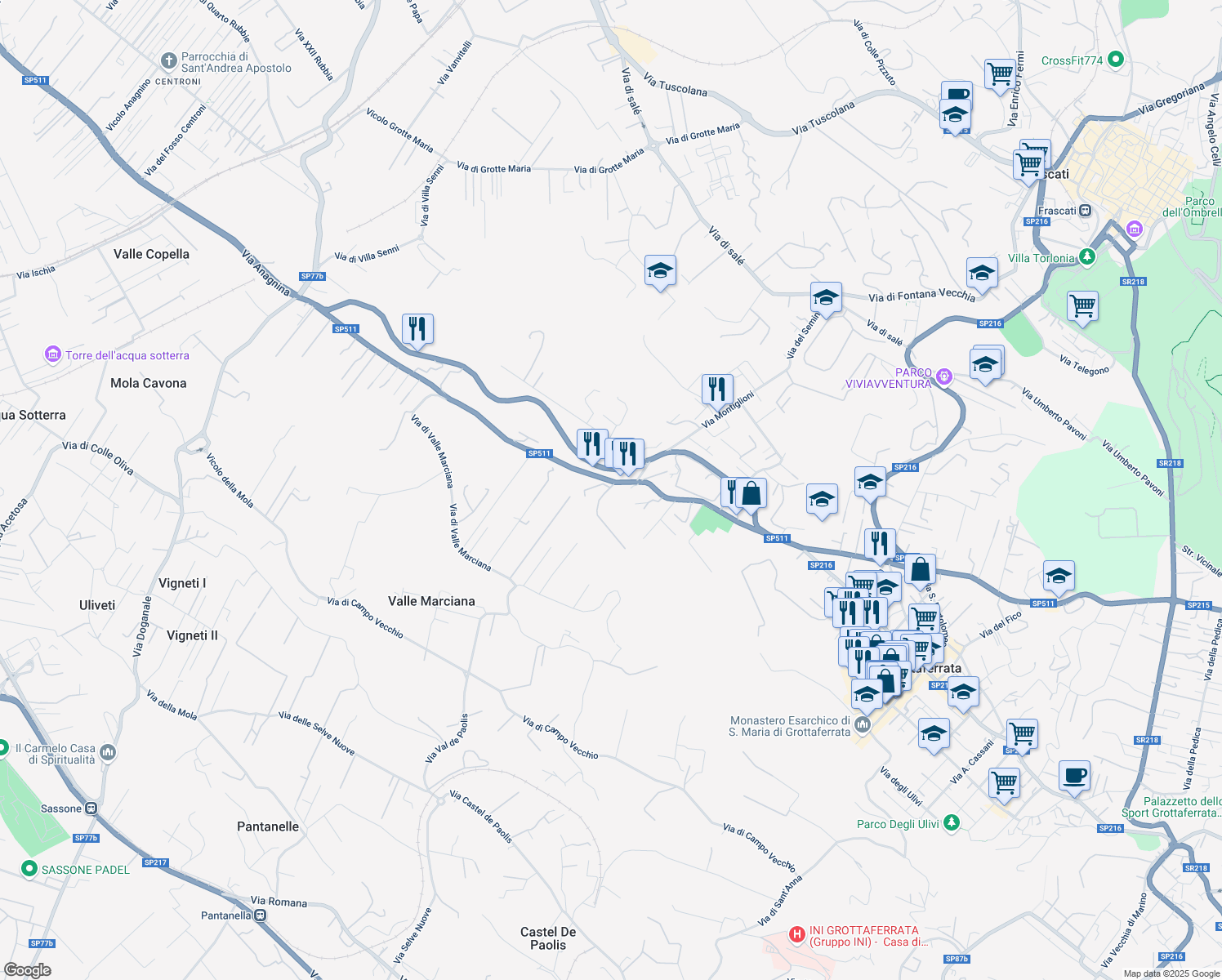 map of restaurants, bars, coffee shops, grocery stores, and more near 2-6 Via Anagnina in Grottaferrata