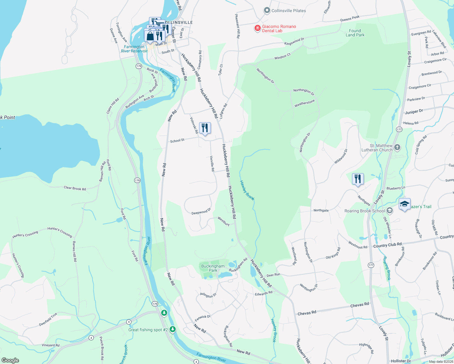 map of restaurants, bars, coffee shops, grocery stores, and more near 181 Huckleberry Hill Road in Avon