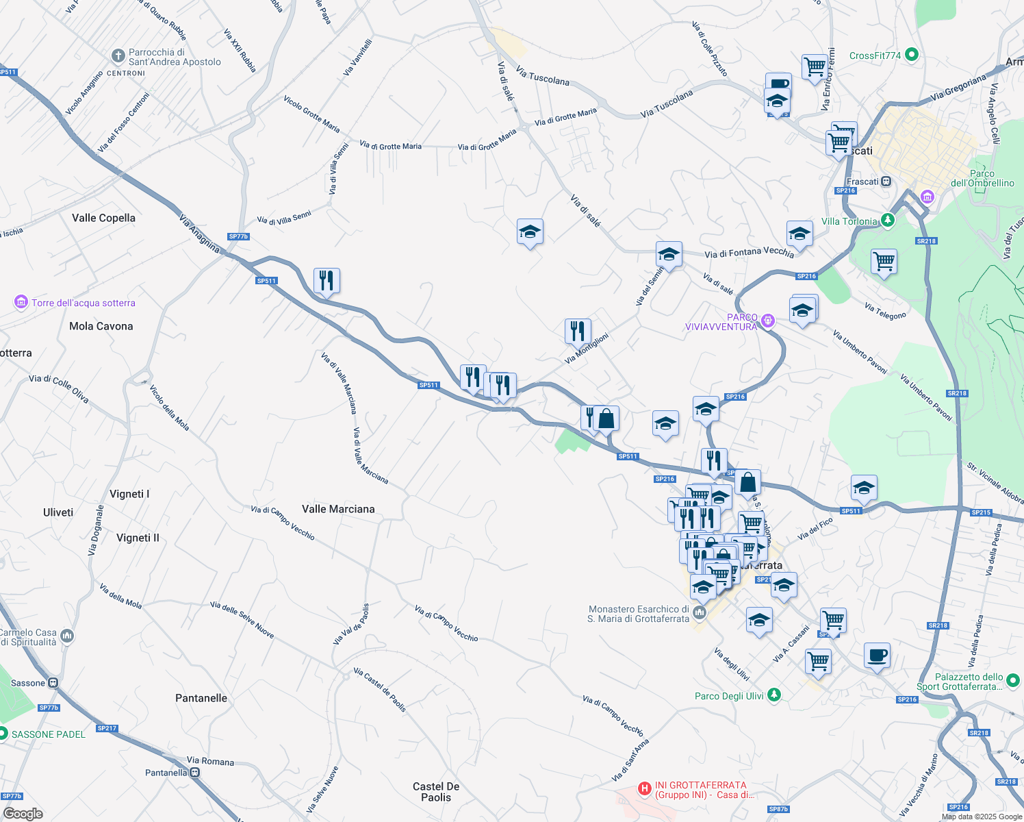 map of restaurants, bars, coffee shops, grocery stores, and more near 6 Via Anagnina in Grottaferrata