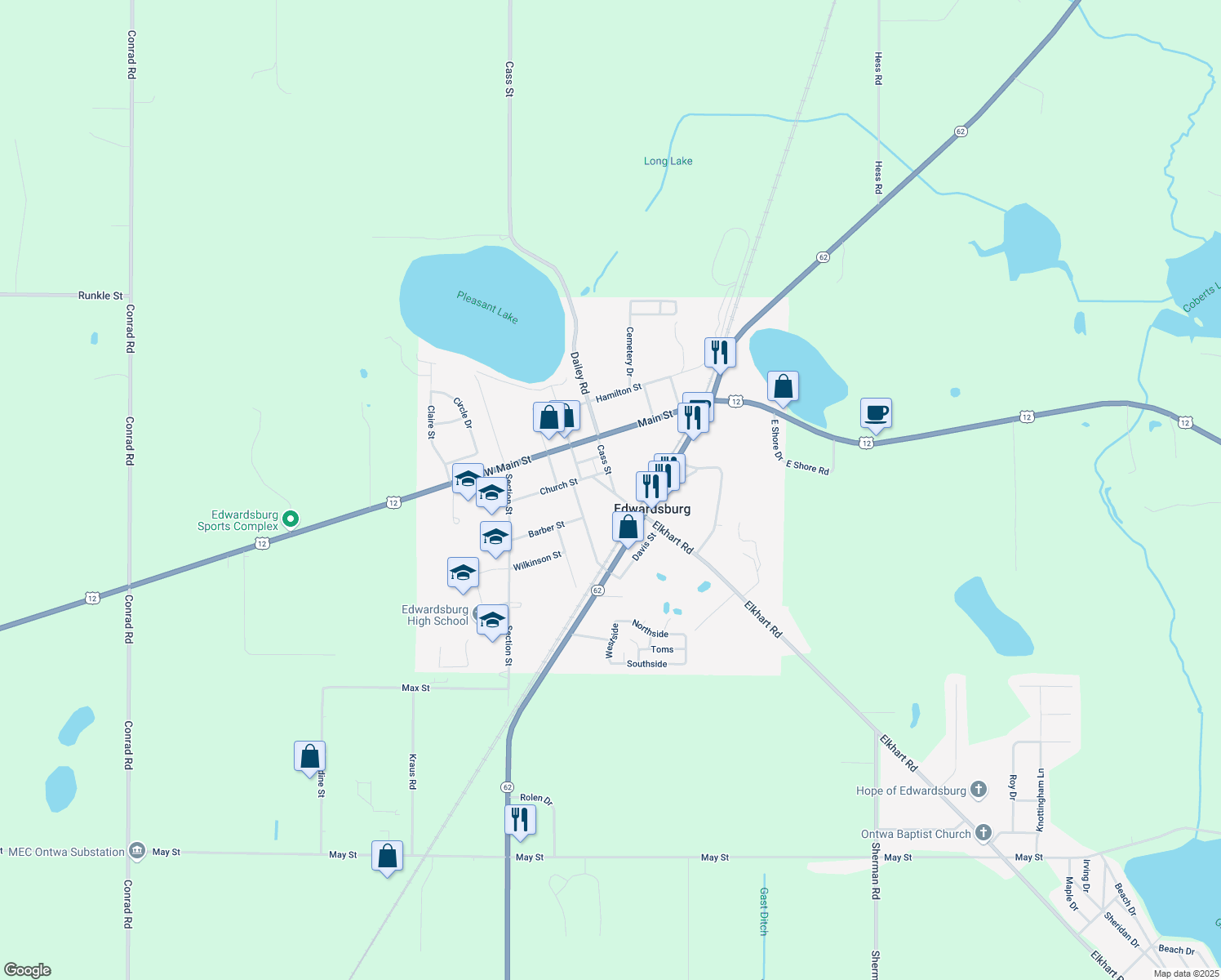 map of restaurants, bars, coffee shops, grocery stores, and more near 69012 Elkhart Road in Edwardsburg