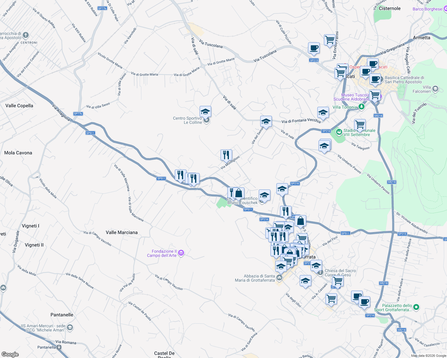 map of restaurants, bars, coffee shops, grocery stores, and more near 12 Via Montiglioni in Grottaferrata