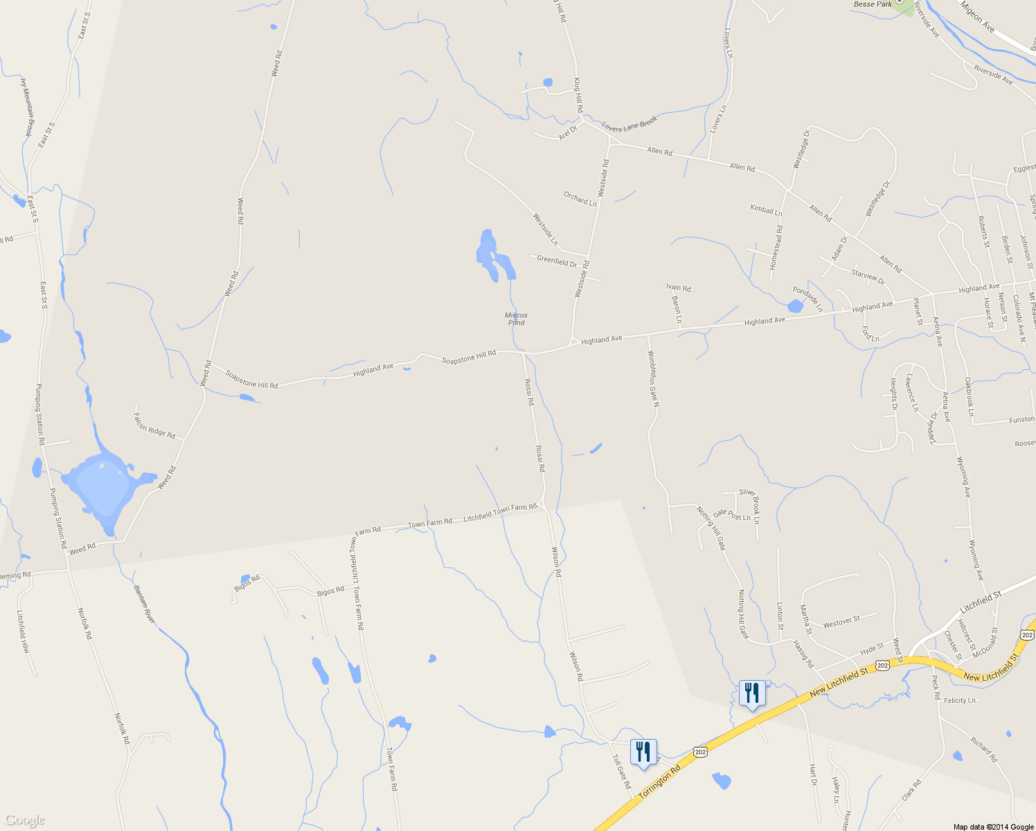 map of restaurants, bars, coffee shops, grocery stores, and more near 144 Rossi Road in Torrington