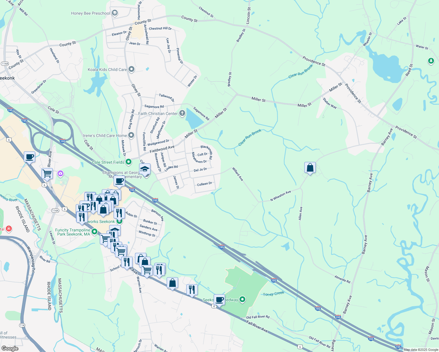 map of restaurants, bars, coffee shops, grocery stores, and more near 111 Willard Ave in Seekonk