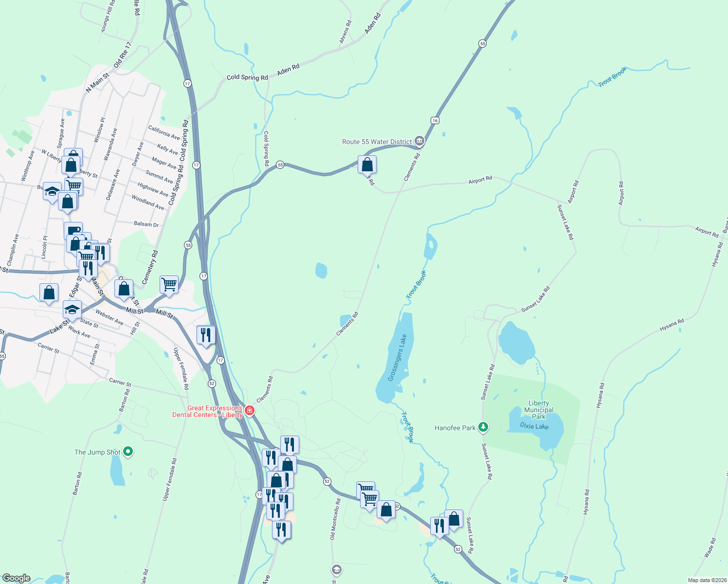 map of restaurants, bars, coffee shops, grocery stores, and more near 162 Clements Road in Liberty
