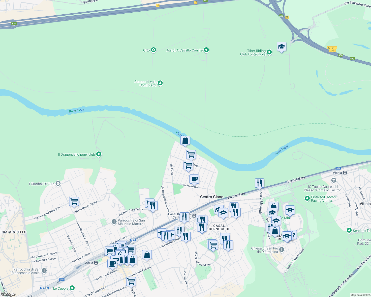 map of restaurants, bars, coffee shops, grocery stores, and more near 151 Via Calanna in Città metropolitana di Roma Capitale
