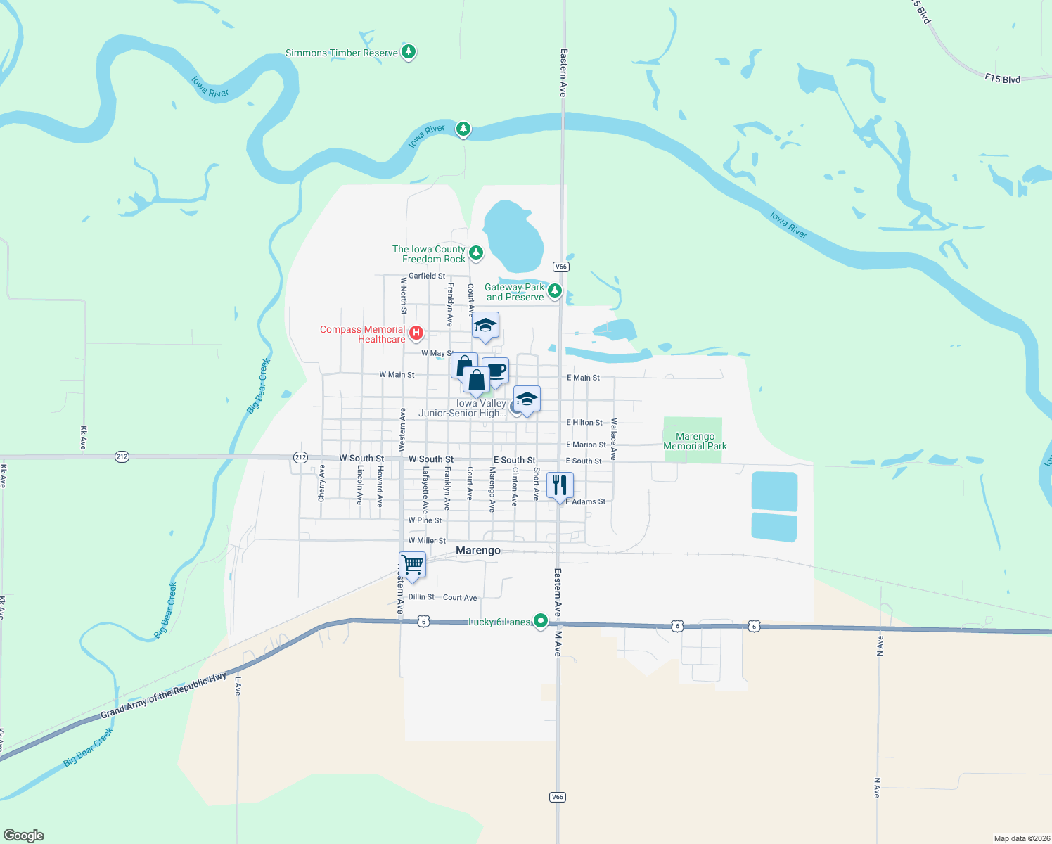map of restaurants, bars, coffee shops, grocery stores, and more near 347 East Hilton Street in Marengo
