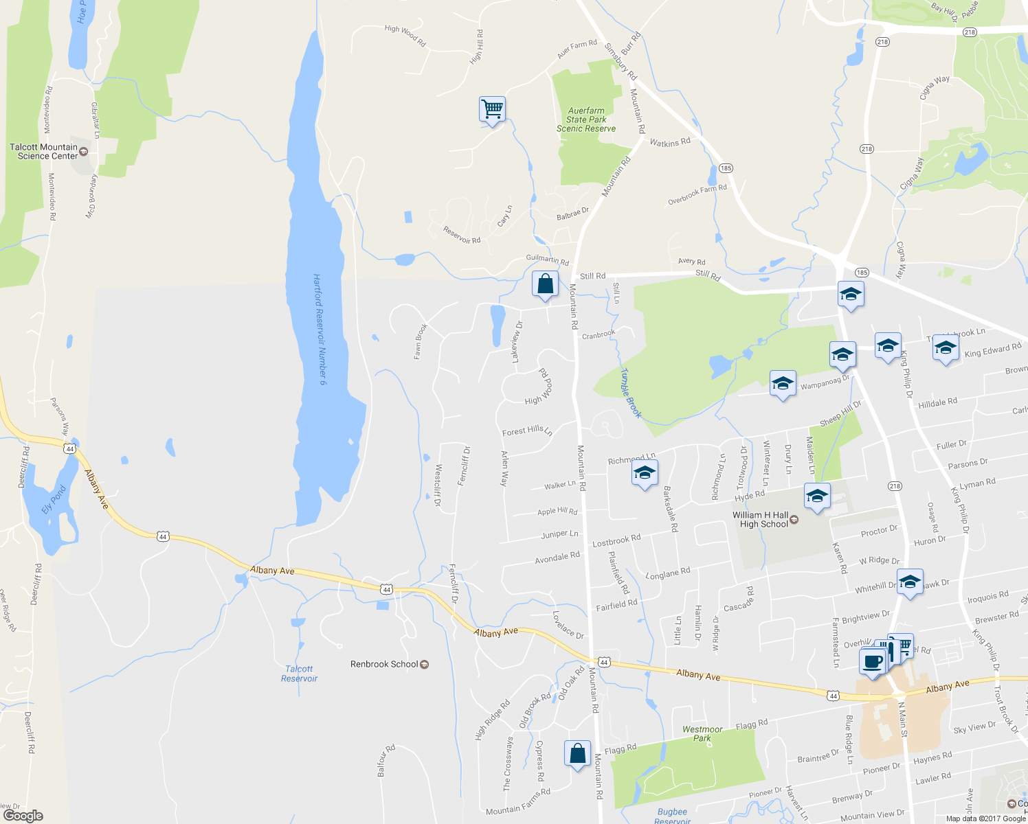 map of restaurants, bars, coffee shops, grocery stores, and more near 81 High Wood Road in West Hartford