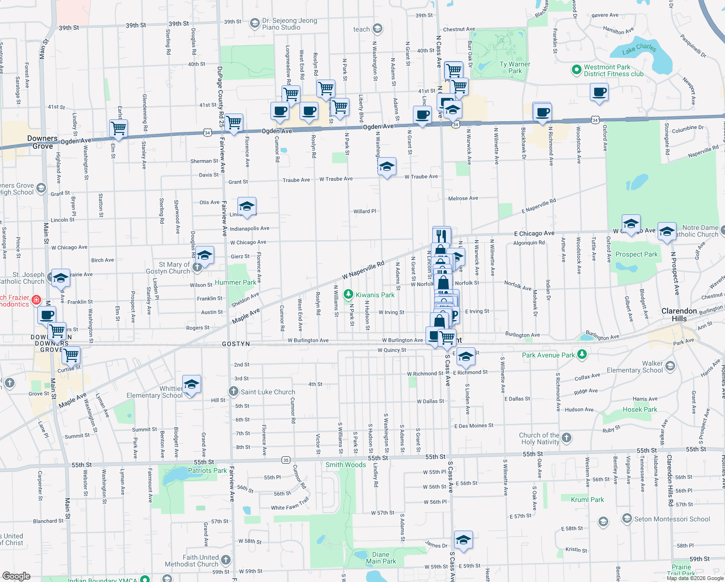 map of restaurants, bars, coffee shops, grocery stores, and more near 130 North Hudson Street in Westmont