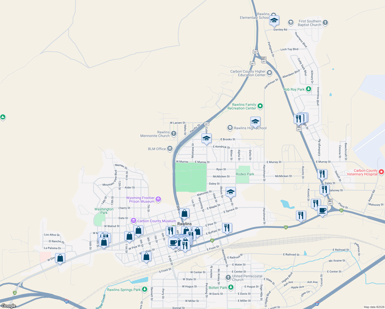 map of restaurants, bars, coffee shops, grocery stores, and more near 1298 Montana Street in Rawlins