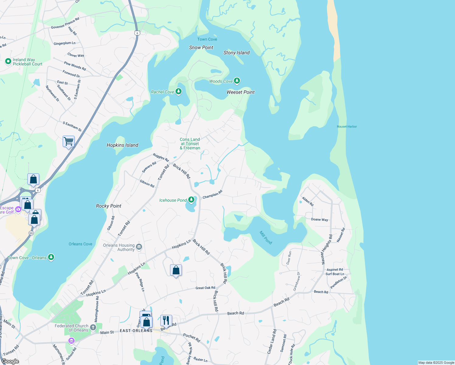 map of restaurants, bars, coffee shops, grocery stores, and more near 27 Champlain Rd in Orleans