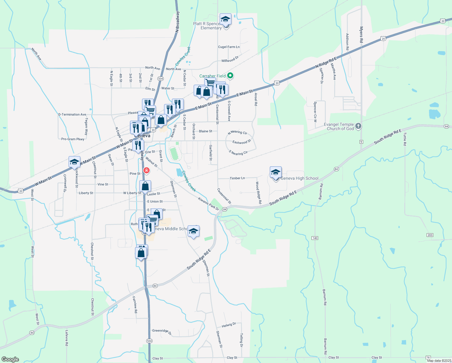 map of restaurants, bars, coffee shops, grocery stores, and more near 622 Bridle Court in Geneva