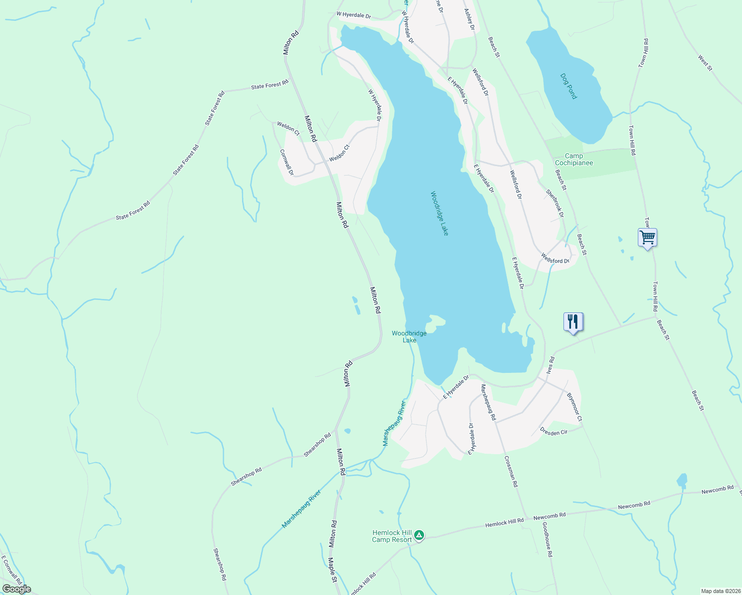map of restaurants, bars, coffee shops, grocery stores, and more near 430 Milton Road in Goshen