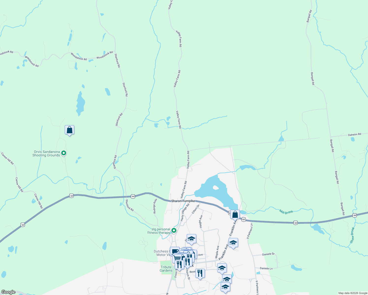 map of restaurants, bars, coffee shops, grocery stores, and more near 97 Valley Farm Road in Millbrook