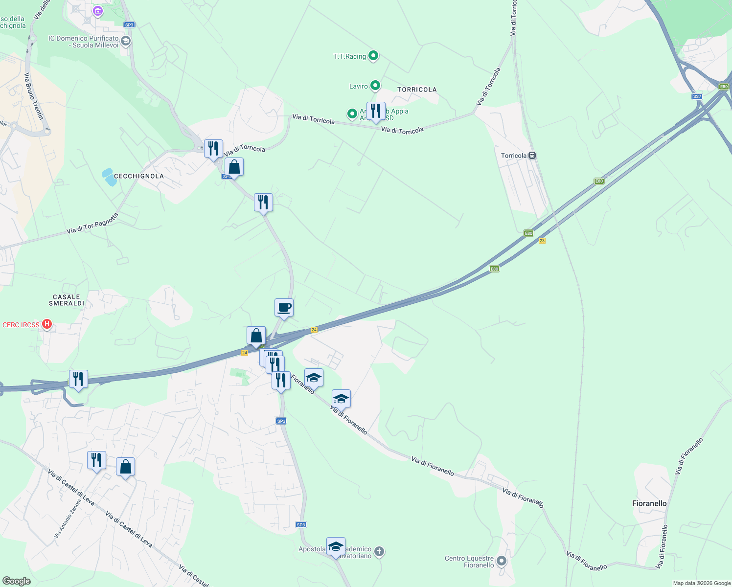 map of restaurants, bars, coffee shops, grocery stores, and more near 105 Via delle Cornacchiole in Roma