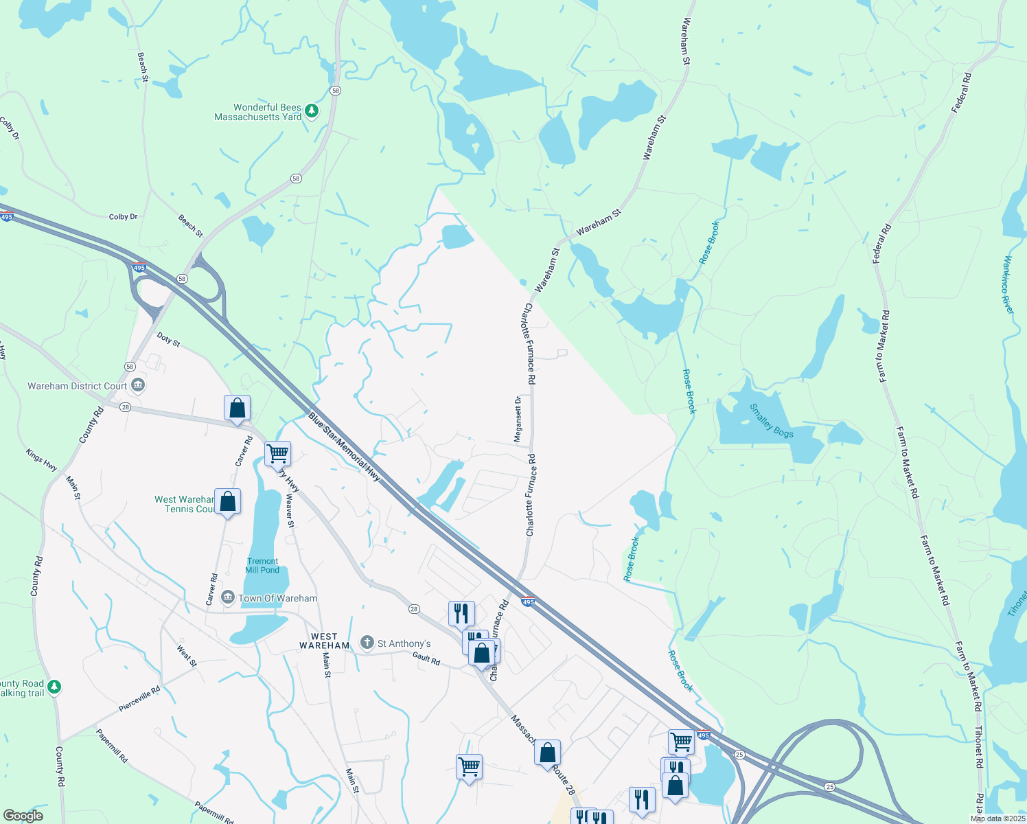 map of restaurants, bars, coffee shops, grocery stores, and more near 12 Megansett Drive in Wareham