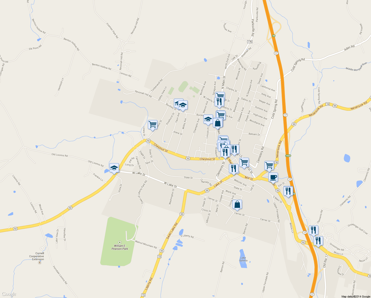 map of restaurants, bars, coffee shops, grocery stores, and more near 30 Champlin Ave in Liberty