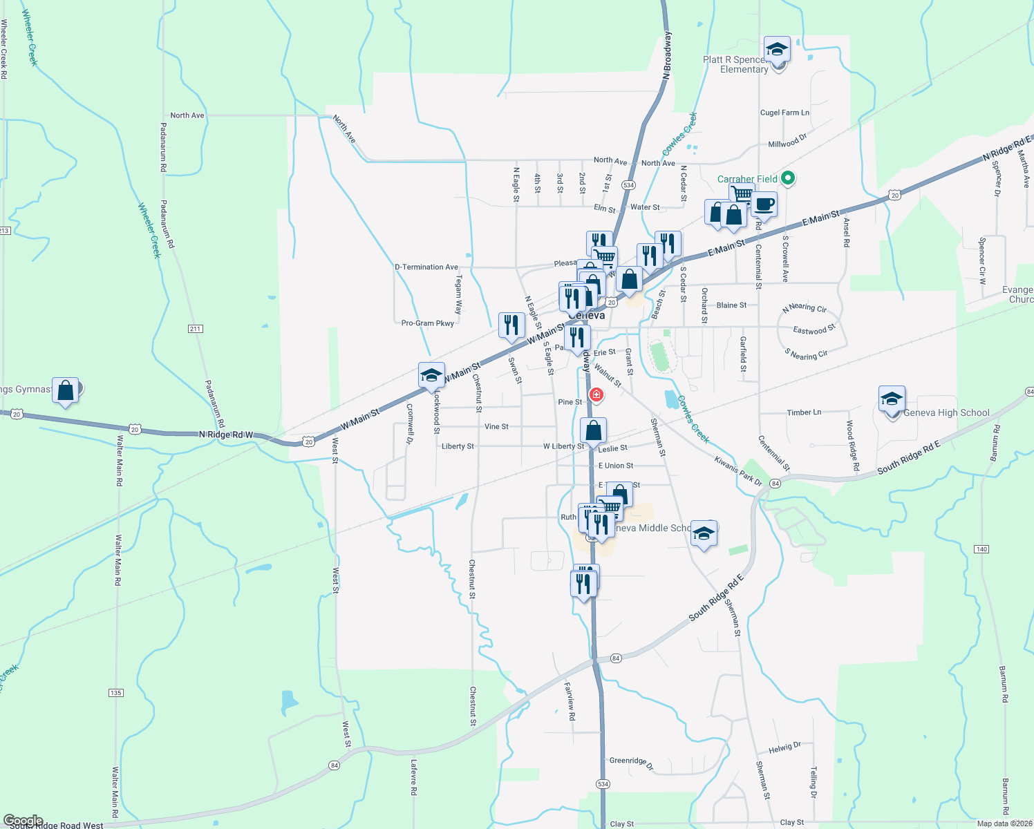 map of restaurants, bars, coffee shops, grocery stores, and more near 216 Swan St in Geneva
