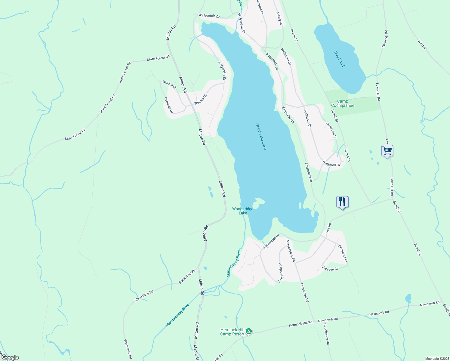 map of restaurants, bars, coffee shops, grocery stores, and more near 430 Milton Road in Goshen