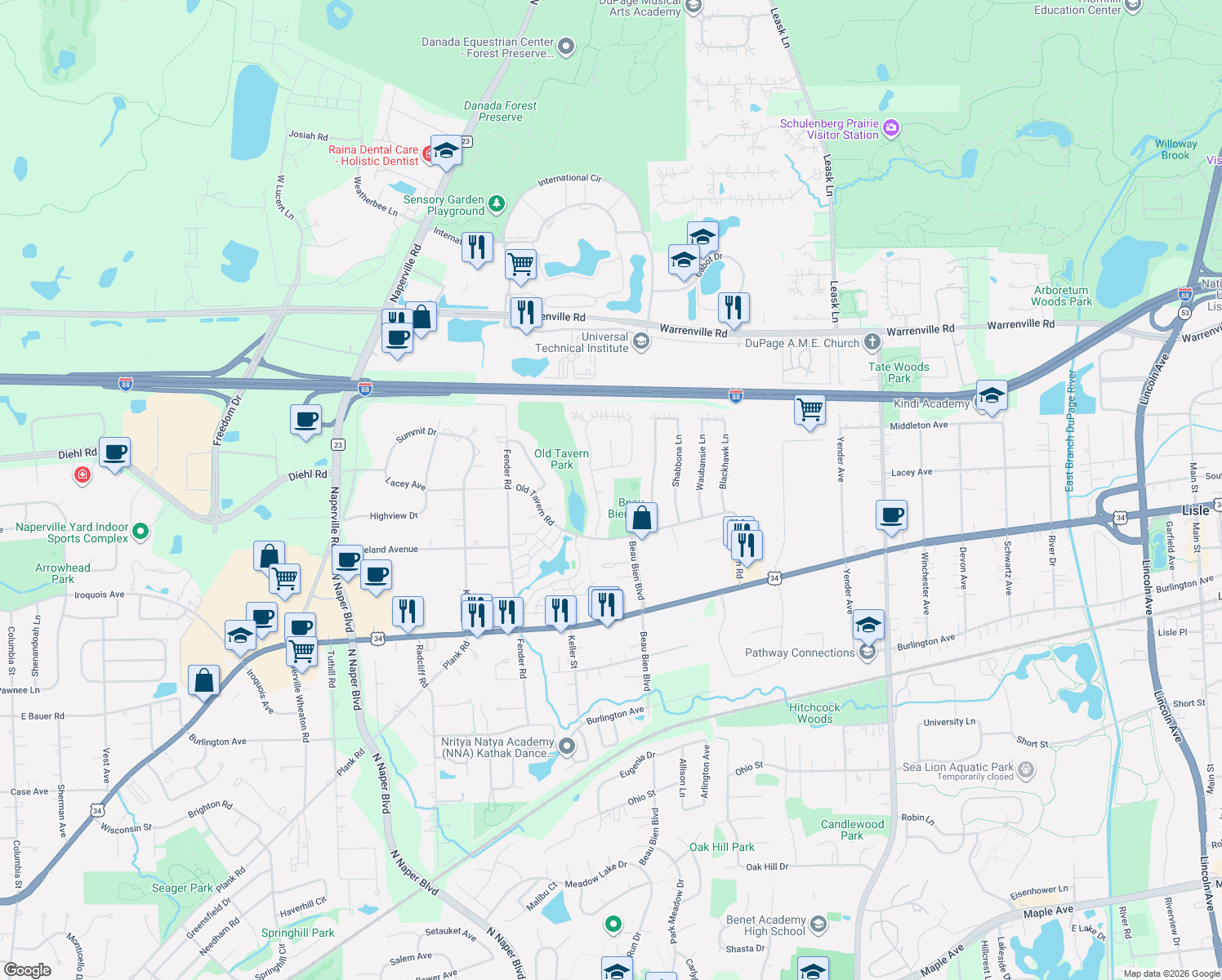 map of restaurants, bars, coffee shops, grocery stores, and more near 2690 Bonita Court in Lisle