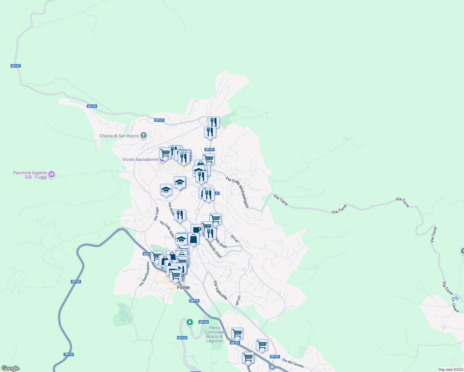 map of restaurants, bars, coffee shops, grocery stores, and more near 8 Via della Pineta in Fiuggi