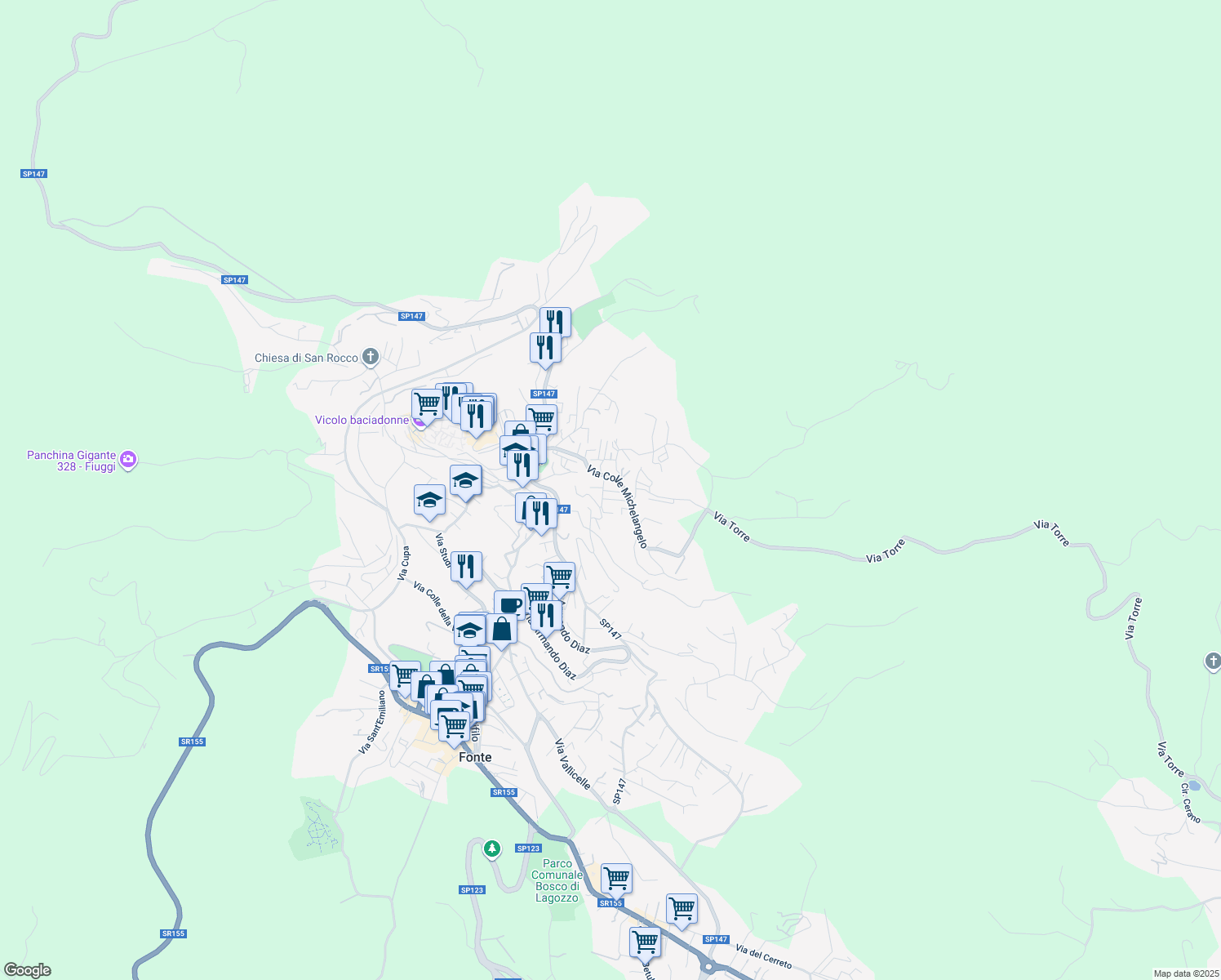 map of restaurants, bars, coffee shops, grocery stores, and more near 8 Via della Pineta in Fiuggi