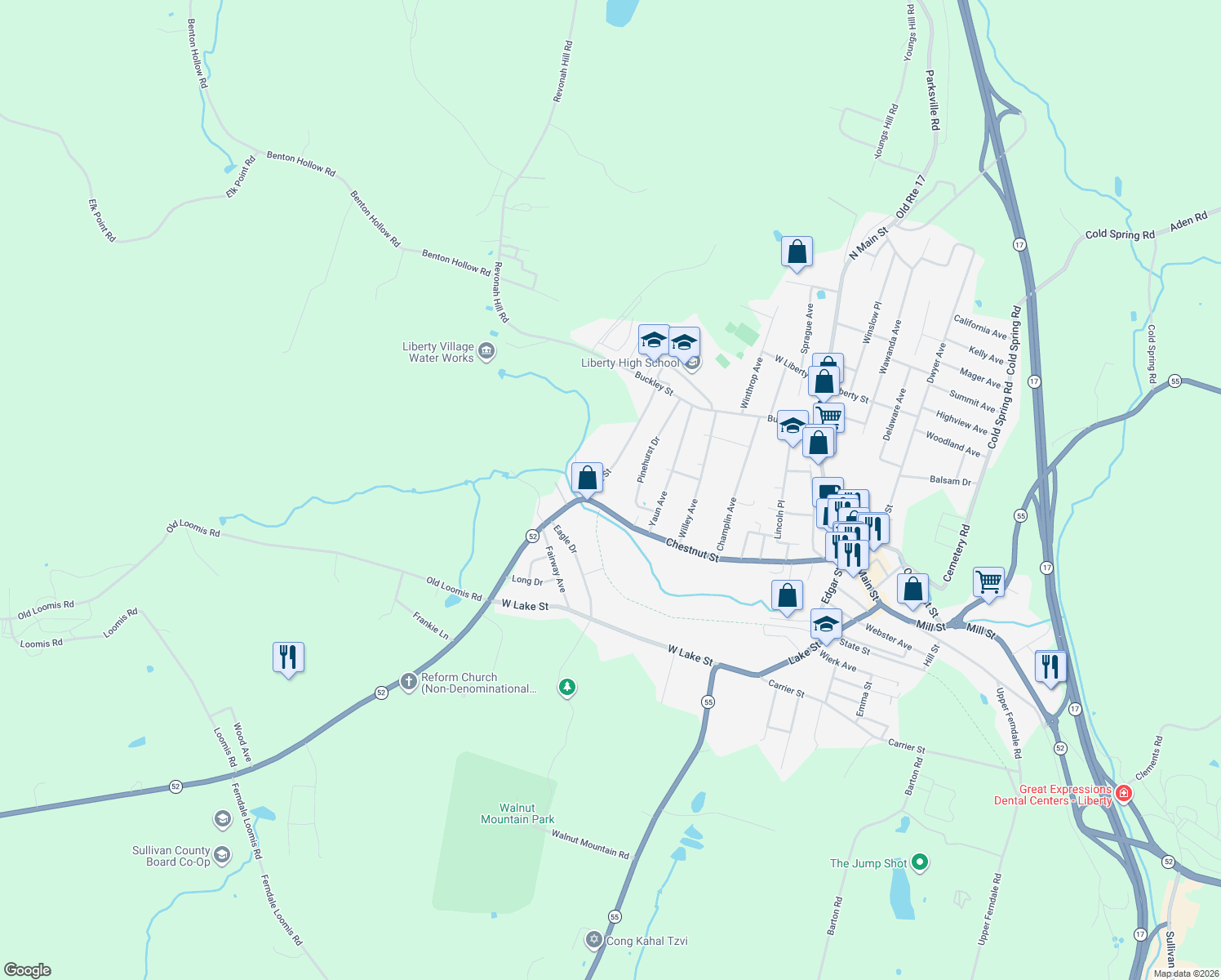 map of restaurants, bars, coffee shops, grocery stores, and more near 287 Chestnut St in Liberty