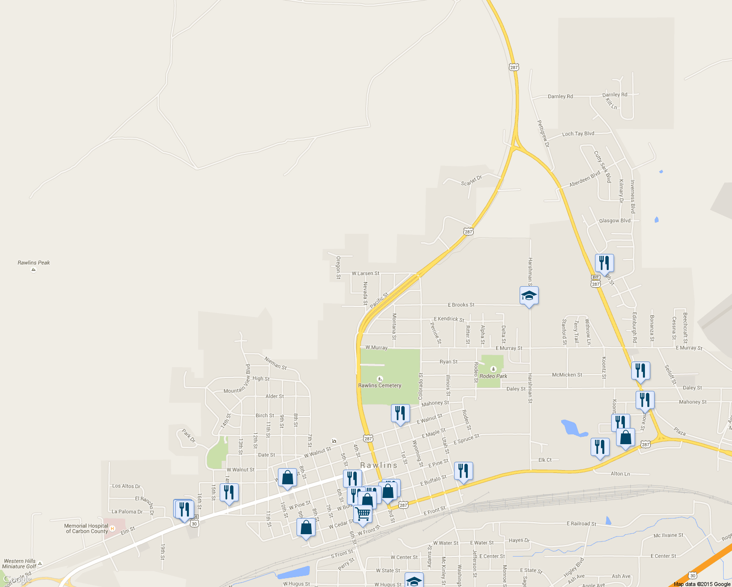 map of restaurants, bars, coffee shops, grocery stores, and more near 1517 Nevada Street in Rawlins