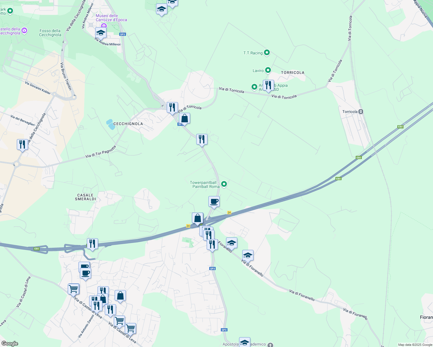 map of restaurants, bars, coffee shops, grocery stores, and more near 5 Via del Centro del Bivio in Rome