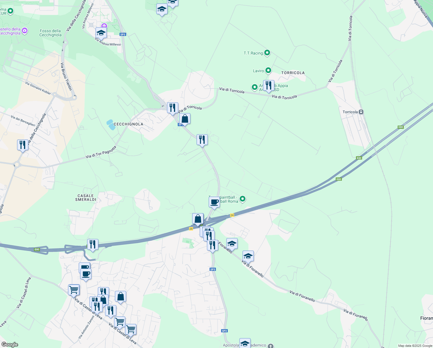 map of restaurants, bars, coffee shops, grocery stores, and more near 5 Via del Centro del Bivio in Roma