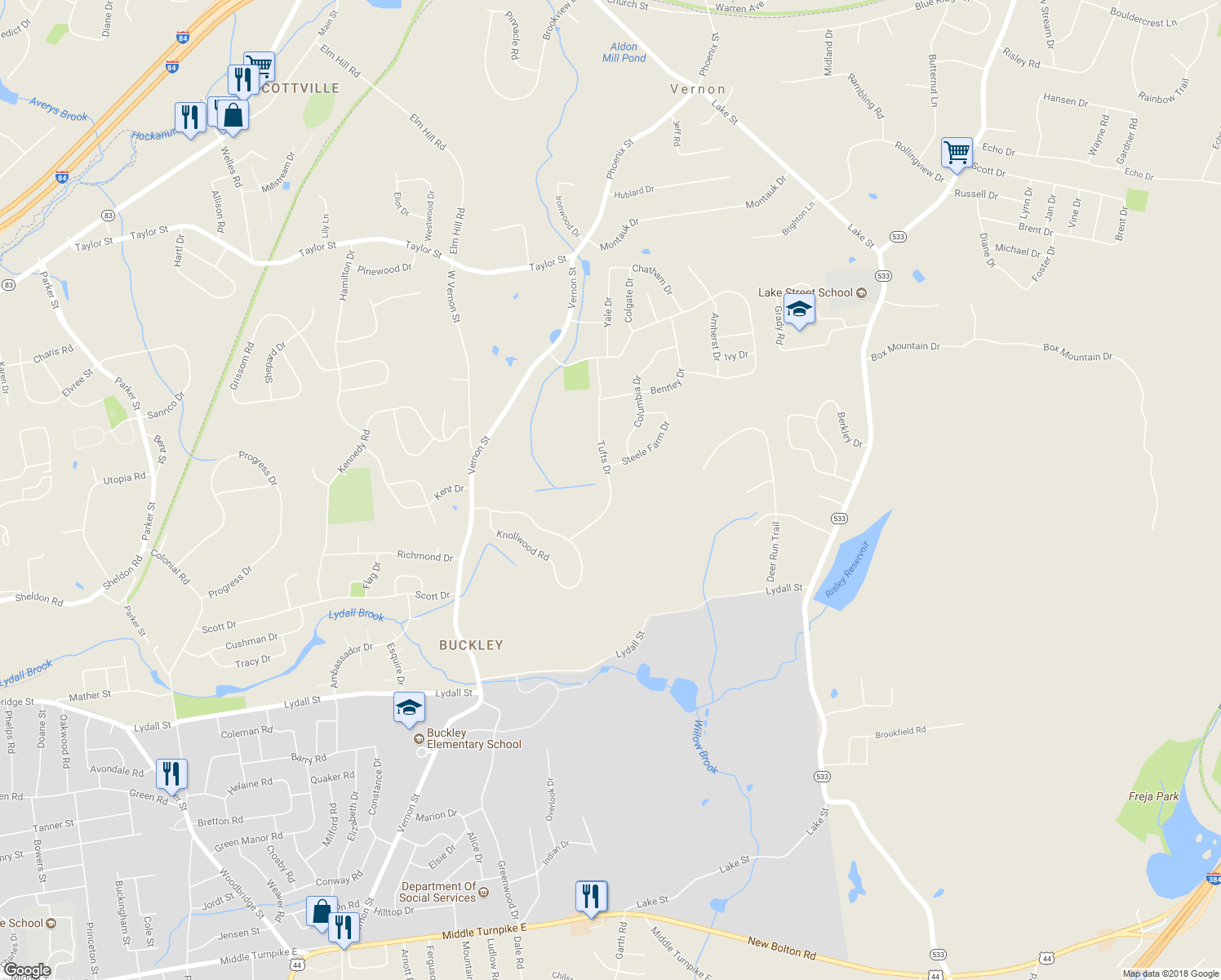 map of restaurants, bars, coffee shops, grocery stores, and more near 155 Tufts Drive in Manchester