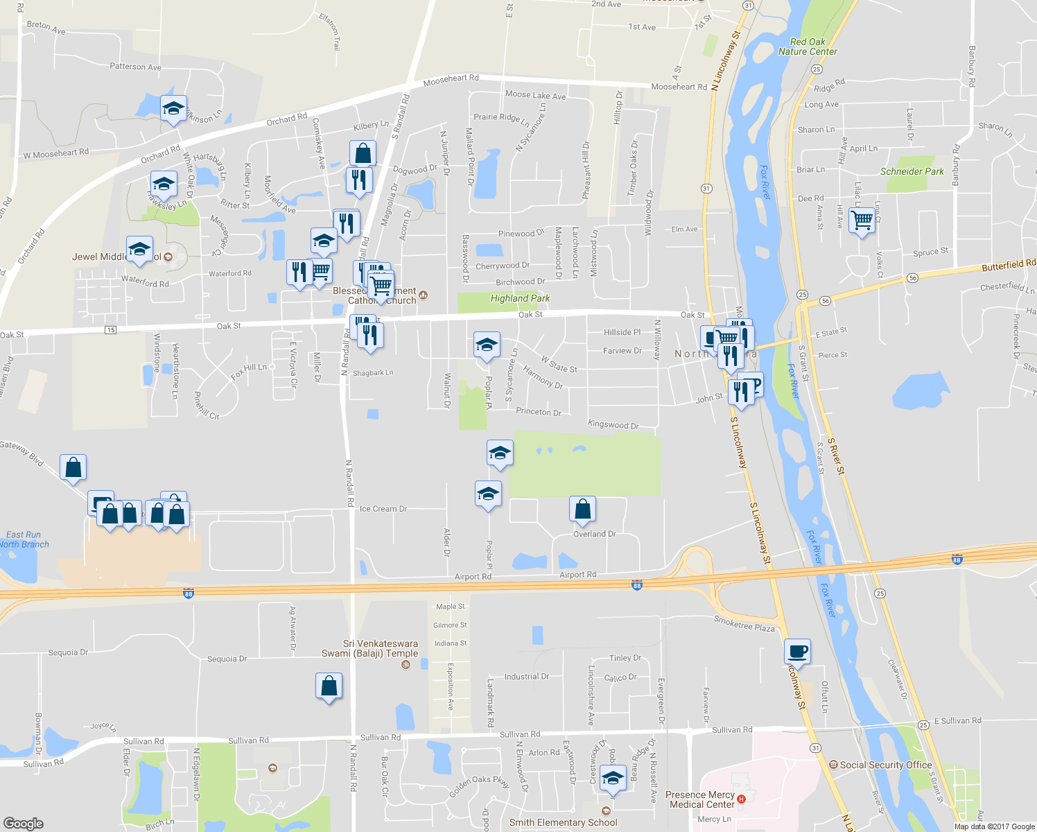 map of restaurants, bars, coffee shops, grocery stores, and more near 504 Princeton Drive in North Aurora