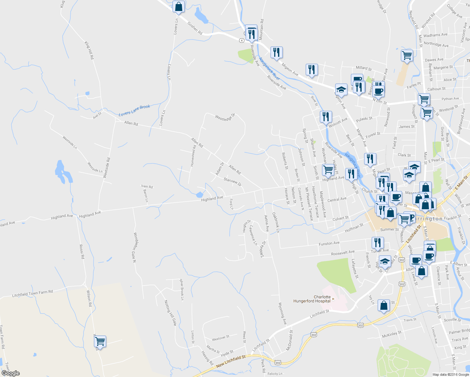 map of restaurants, bars, coffee shops, grocery stores, and more near 71 Starview Dr in Torrington