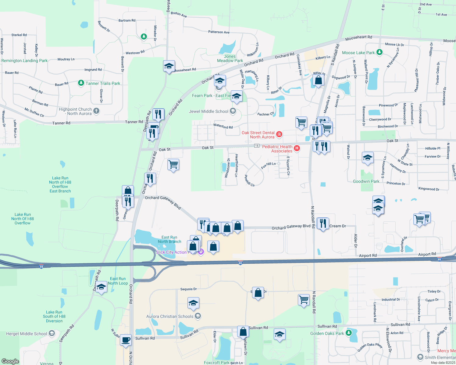 map of restaurants, bars, coffee shops, grocery stores, and more near 1585 Hearthstone in North Aurora