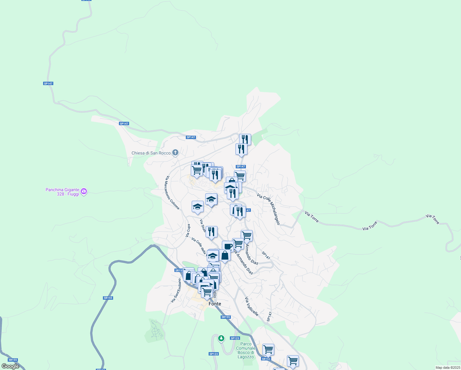 map of restaurants, bars, coffee shops, grocery stores, and more near 28 Via Diaz in Fiuggi