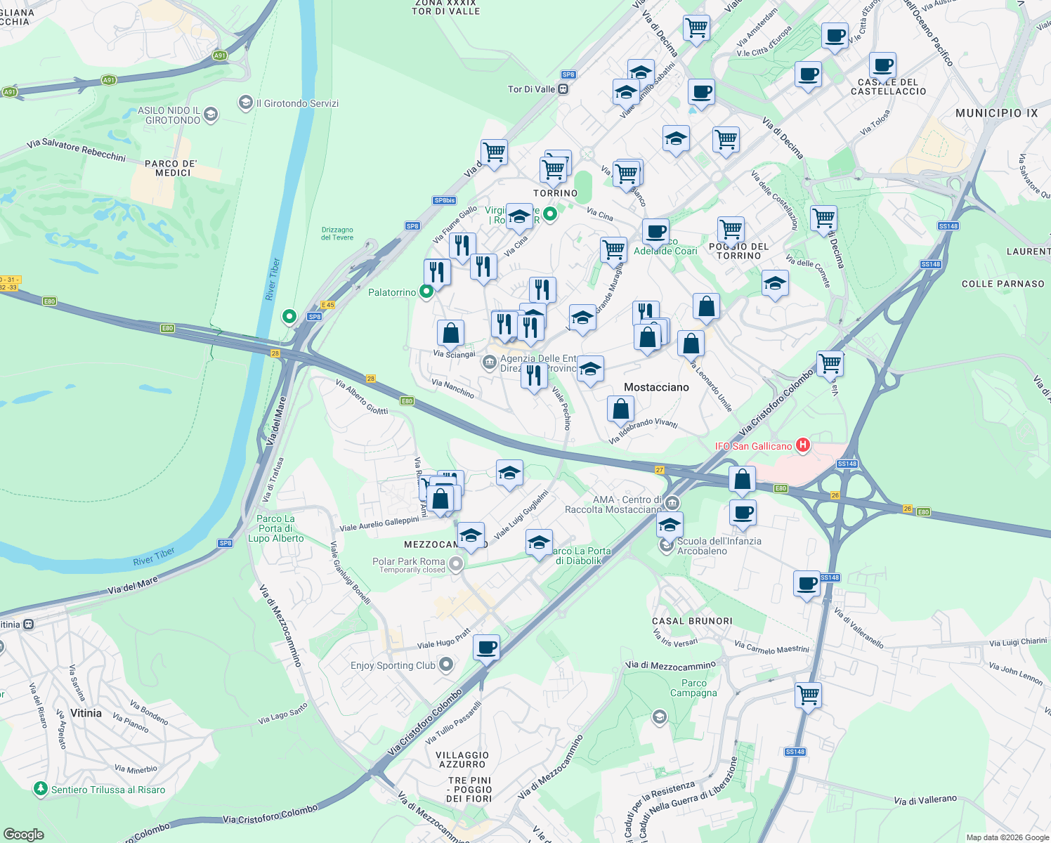 map of restaurants, bars, coffee shops, grocery stores, and more near 103 Via Canton in Roma