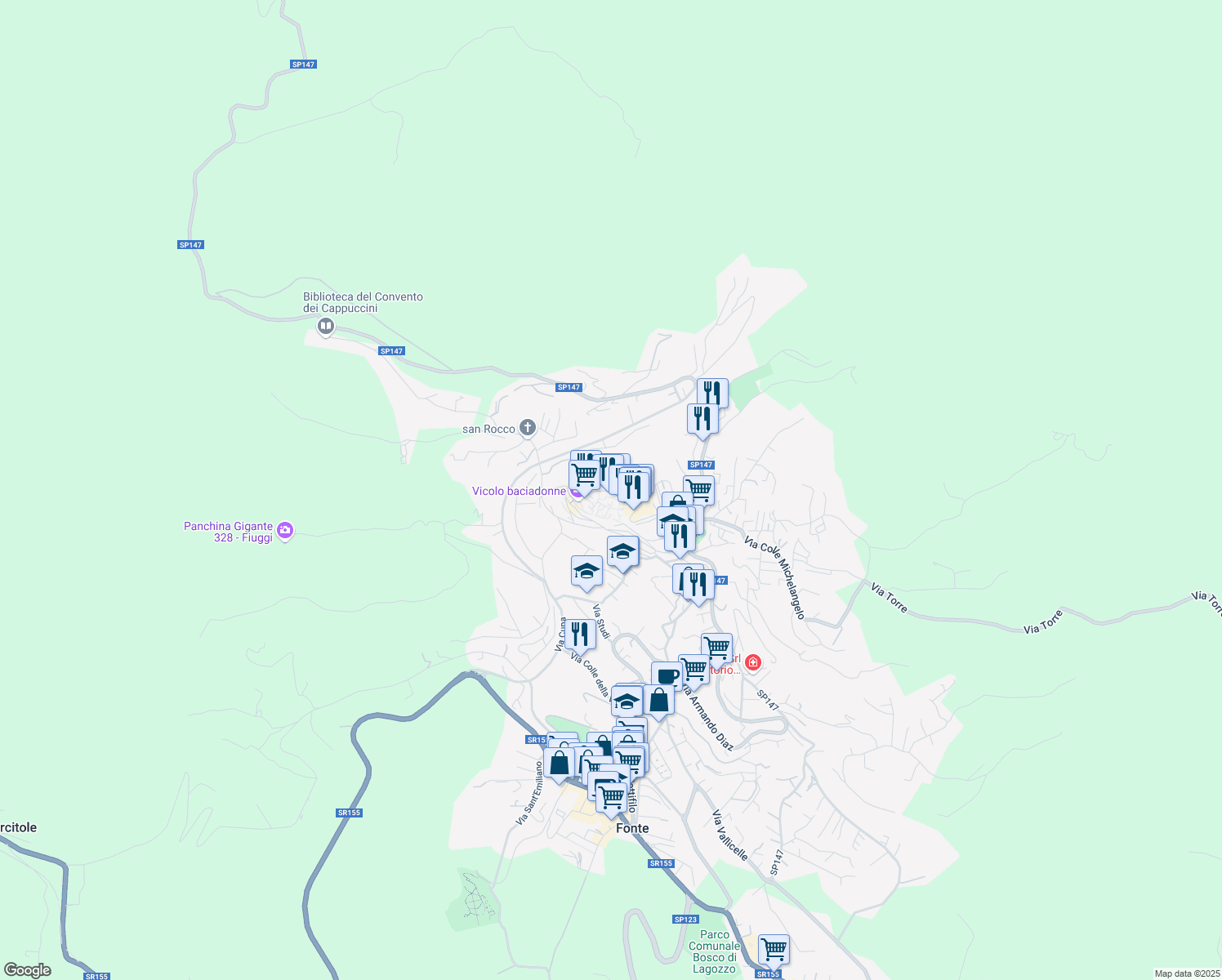 map of restaurants, bars, coffee shops, grocery stores, and more near Via Giovanni Giolitti in Fiuggi